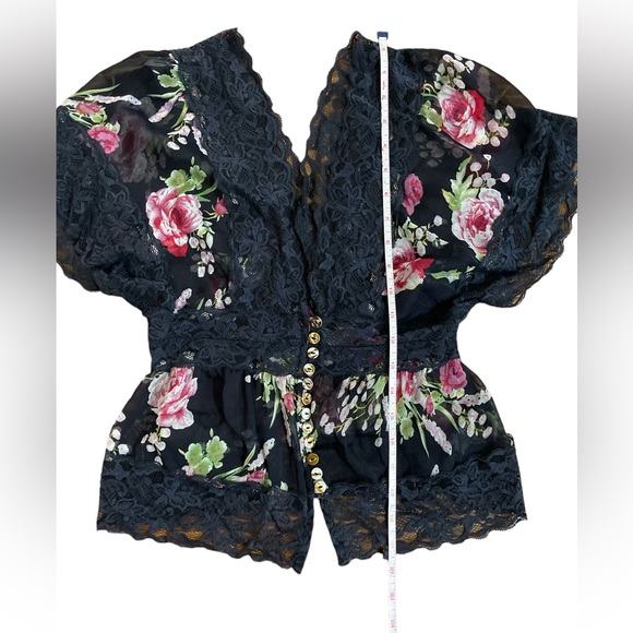 Vintage 90’s style sheer blouses floral & lace scarf retro fun navy green S Y2K - Picture 7 of 9